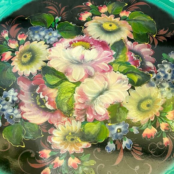 Vintage Zhostovo Russian Tole Tray with Bright Floral & Green Rim 15” - Picture 9 of 15